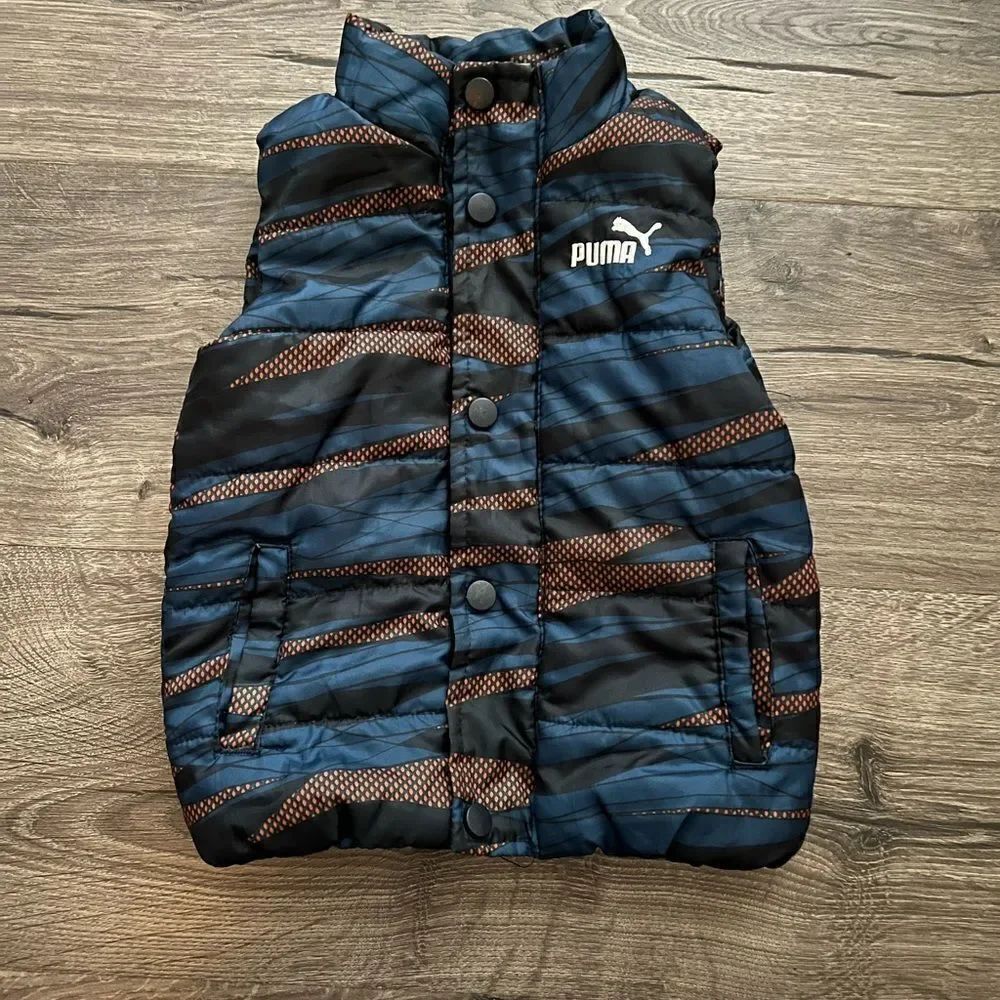 PUMA Kids Boys Blue Orange Snap Button Puffer Vest Jacket with Pocket Size 24 m